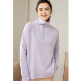 Womens Cashmere Half Zip Sweater Waffle Knit Polo Cashmere Sweater Lavender XS