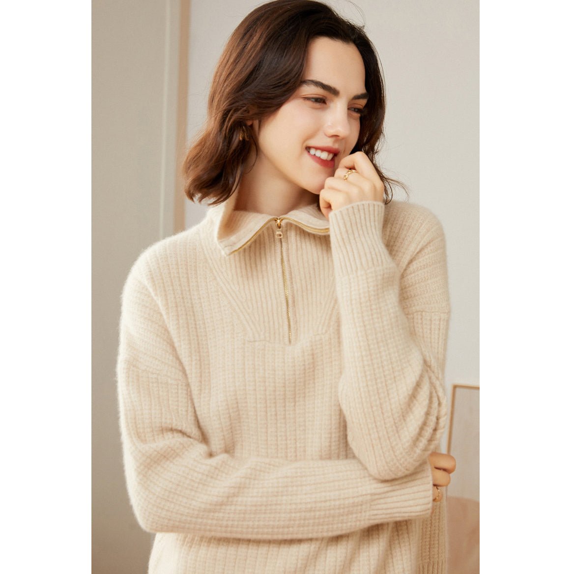 Womens Cashmere Half Zip Sweater Waffle Knit Polo Cashmere Sweater Beige XS
