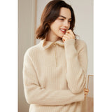 Womens Cashmere Half Zip Sweater Waffle Knit Polo Cashmere Sweater Beige XS