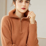 Womens Cashmere Half Zip Sweater Waffle Knit Polo Cashmere Sweater Camel XS