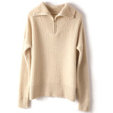 Womens Cashmere Half Zip Sweater Waffle Knit Polo Cashmere Sweater Beige XS