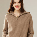Womens Cashmere Half Zip Sweater Waffle Knit Polo Cashmere Sweater Taupe XS