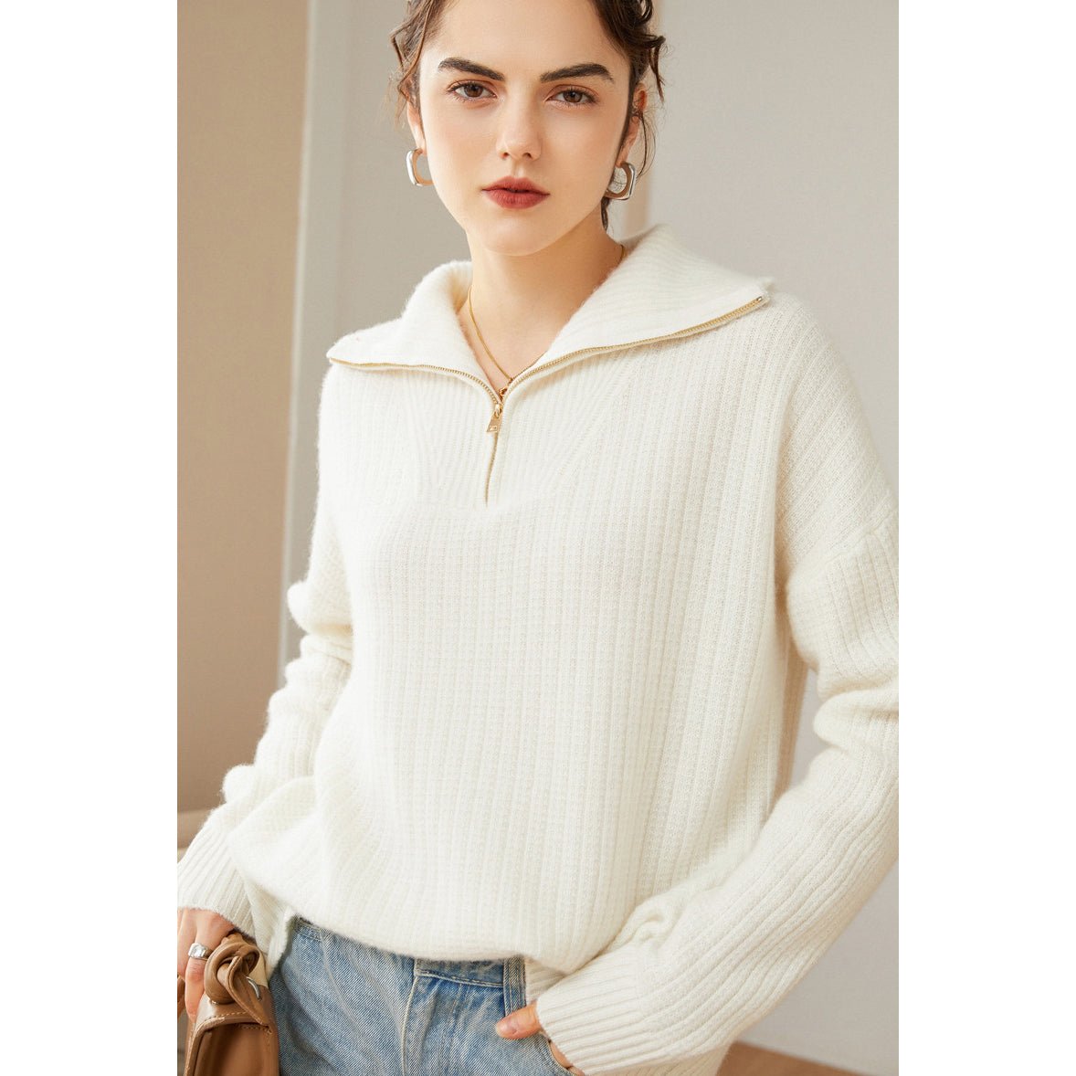 Womens Cashmere Half Zip Sweater Waffle Knit Polo Cashmere Sweater Ivory XS
