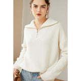 Womens Cashmere Half Zip Sweater Waffle Knit Polo Cashmere Sweater Ivory XS