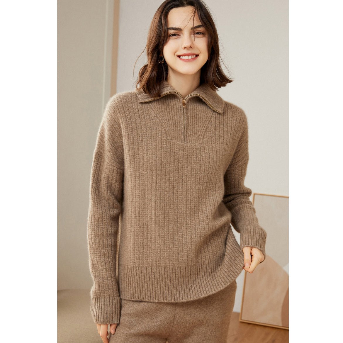 Womens Cashmere Half Zip Sweater Waffle Knit Polo Cashmere Sweater Taupe XS