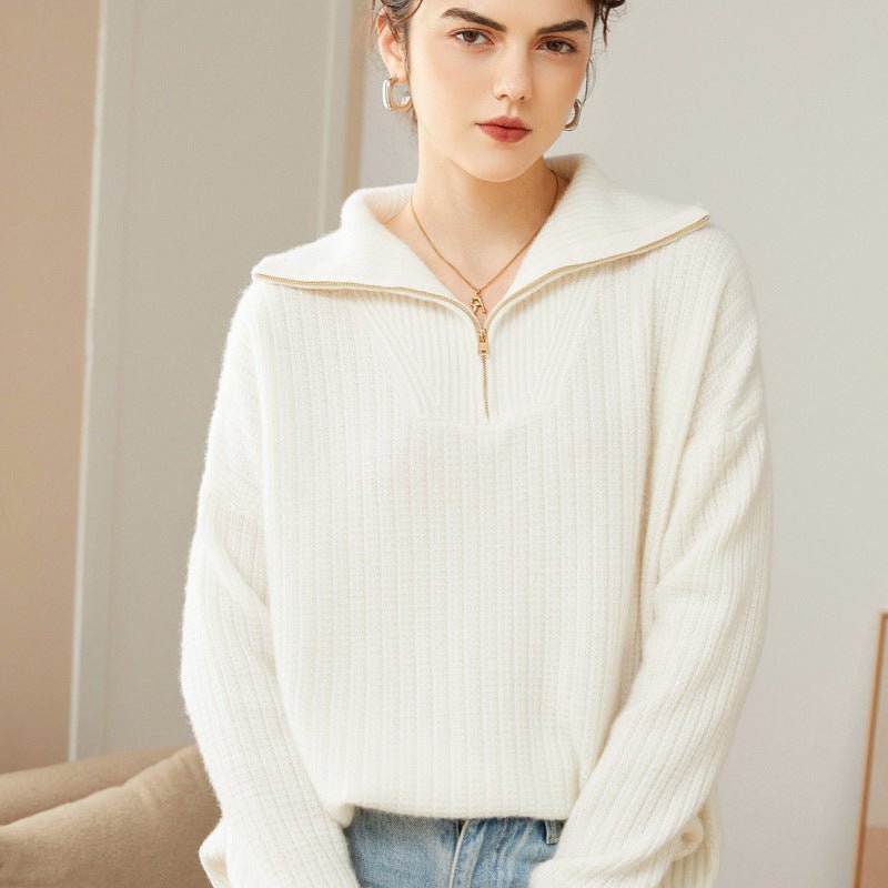 Womens Cashmere Half Zip Sweater Waffle Knit Polo Cashmere Sweater Ivory XS