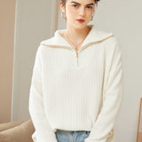 Womens Cashmere Half Zip Sweater Waffle Knit Polo Cashmere Sweater Ivory XS