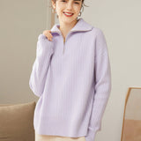 Womens Cashmere Half Zip Sweater Waffle Knit Polo Cashmere Sweater Lavender XS