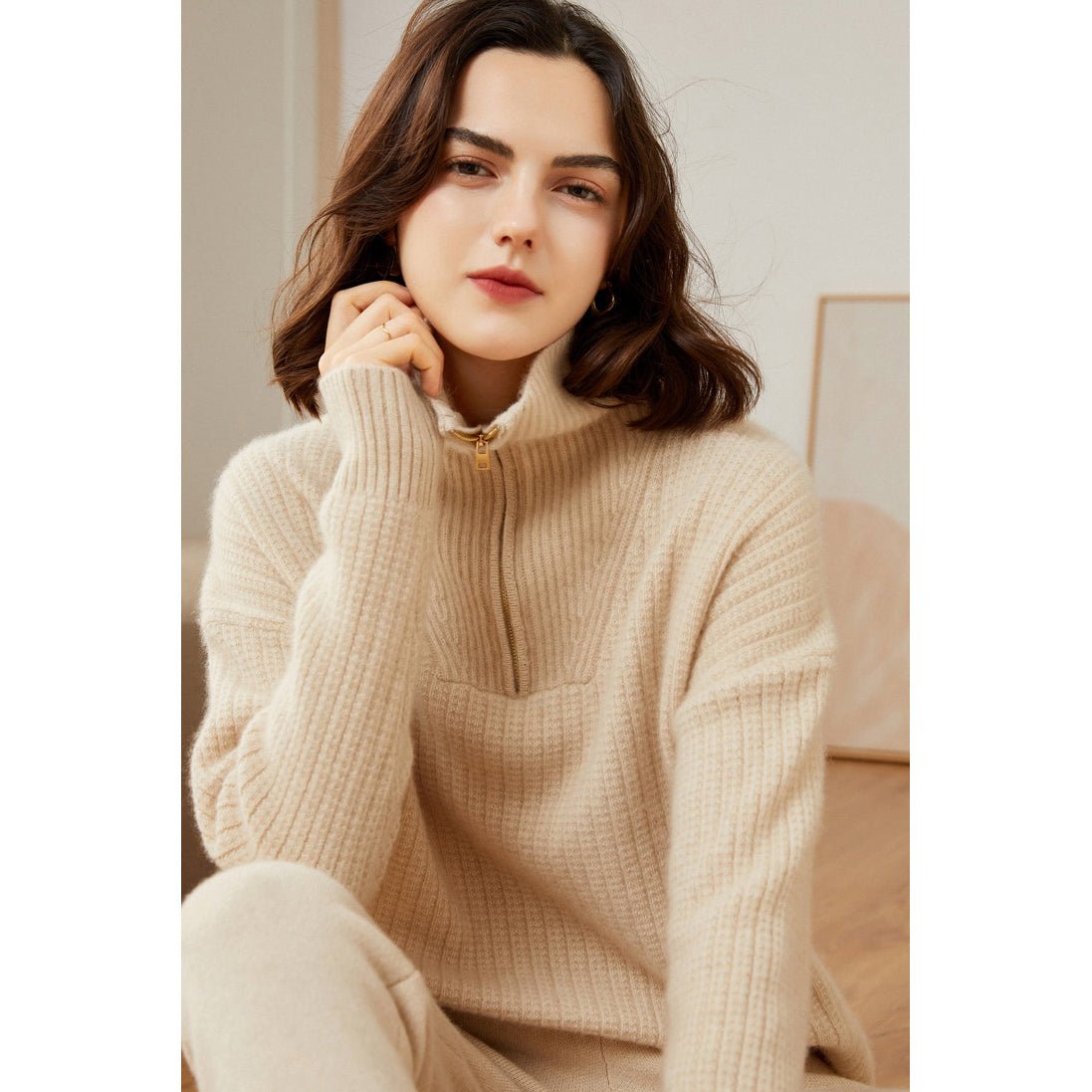 Womens Cashmere Half Zip Sweater Waffle Knit Polo Cashmere Sweater Beige XS