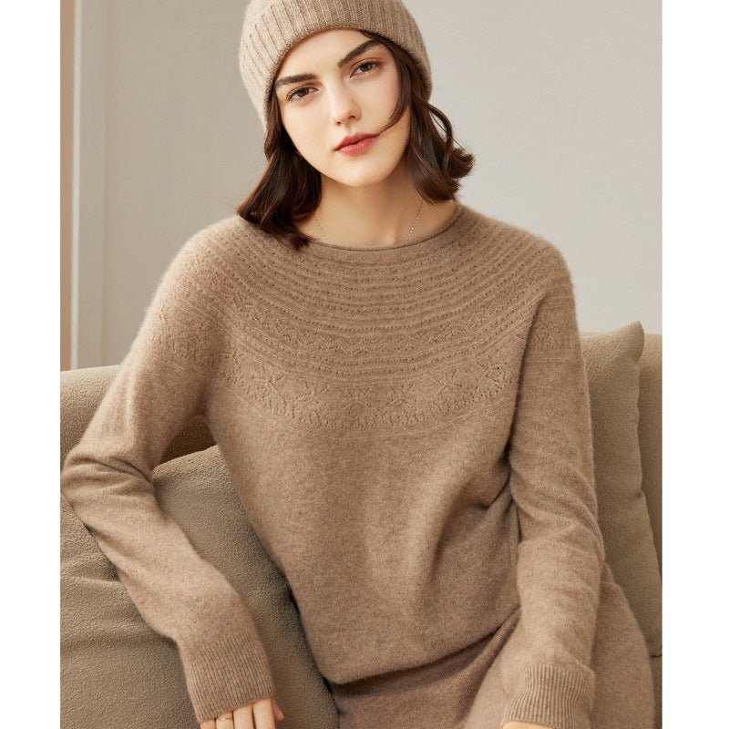 Womens Cashmere Pointelle Yoke Sweater Hollow - out Crewneck Sweater