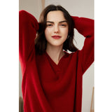 Womens V - Neck Cashmere Sweater Ribbed Knit Long Sleeve Cashmere Tops Claret XS