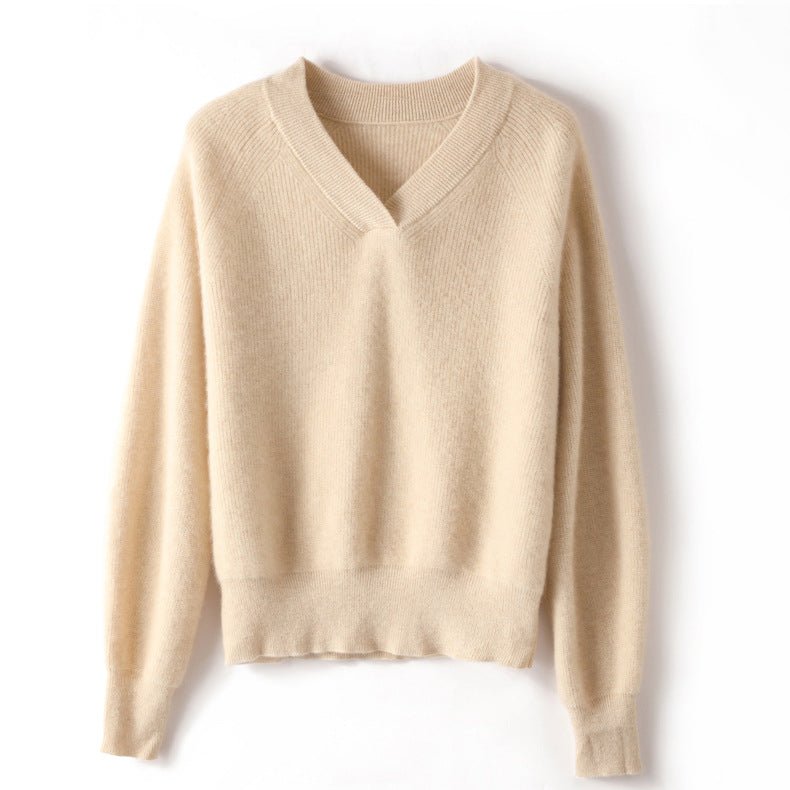 Womens V - Neck Cashmere Sweater Ribbed Knit Long Sleeve Cashmere Tops Beige XS