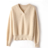 Womens V - Neck Cashmere Sweater Ribbed Knit Long Sleeve Cashmere Tops Beige XS
