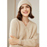 Womens V - Neck Cashmere Sweater Ribbed Knit Long Sleeve Cashmere Tops Beige XS
