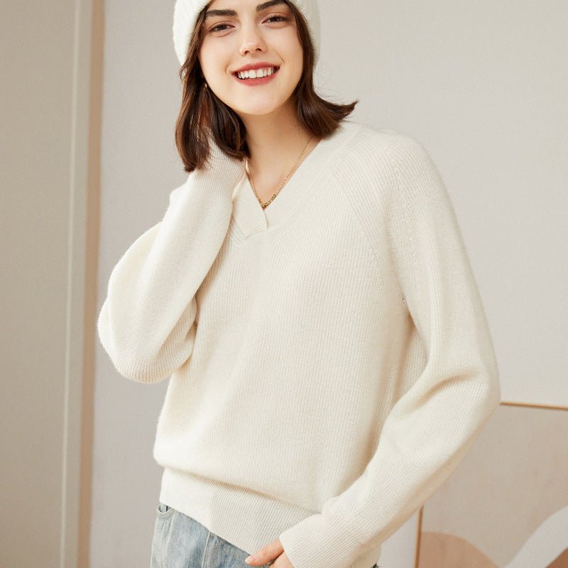Womens V - Neck Cashmere Sweater Ribbed Knit Long Sleeve Cashmere Tops Ivory XS