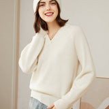 Womens V - Neck Cashmere Sweater Ribbed Knit Long Sleeve Cashmere Tops Ivory XS