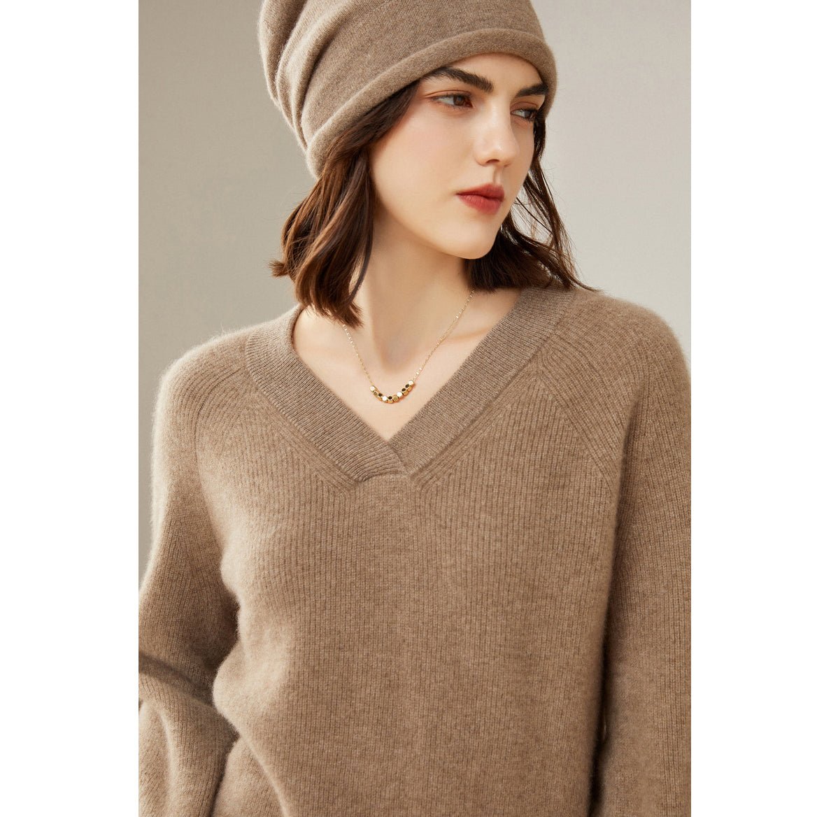 Womens V - Neck Cashmere Sweater Ribbed Knit Long Sleeve Cashmere Tops Taupe XS
