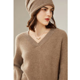 Womens V - Neck Cashmere Sweater Ribbed Knit Long Sleeve Cashmere Tops Taupe XS