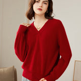 Womens V - Neck Cashmere Sweater Ribbed Knit Long Sleeve Cashmere Tops Claret XS