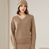 Womens V - Neck Cashmere Sweater Ribbed Knit Long Sleeve Cashmere Tops Taupe XS