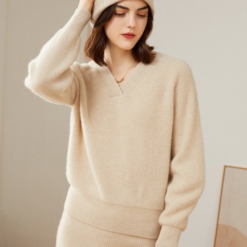 Womens V - Neck Cashmere Sweater Ribbed Knit Long Sleeve Cashmere Tops Beige XS