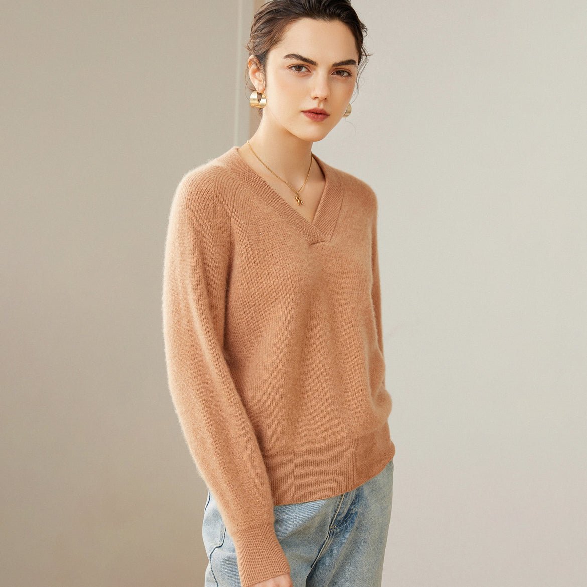 Womens V - Neck Cashmere Sweater Ribbed Knit Long Sleeve Cashmere Tops Camel XS