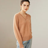 Womens V - Neck Cashmere Sweater Ribbed Knit Long Sleeve Cashmere Tops Camel XS