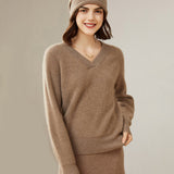 Womens V - Neck Cashmere Sweater Ribbed Knit Long Sleeve Cashmere Tops Taupe XS