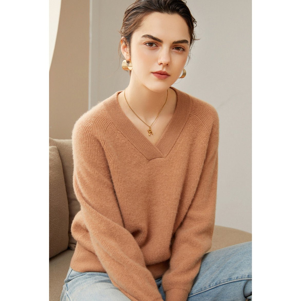 Womens V - Neck Cashmere Sweater Ribbed Knit Long Sleeve Cashmere Tops Camel XS