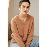 Womens V - Neck Cashmere Sweater Ribbed Knit Long Sleeve Cashmere Tops Camel XS