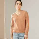 Womens V - Neck Cashmere Sweater Ribbed Knit Long Sleeve Cashmere Tops Camel XS