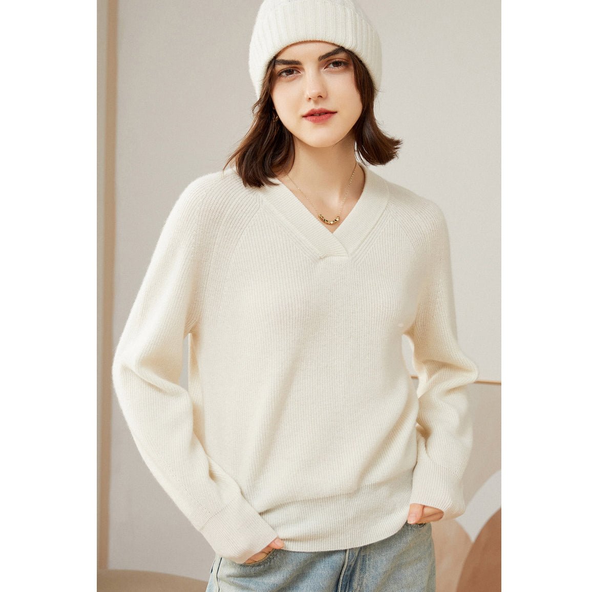 Womens V - Neck Cashmere Sweater Ribbed Knit Long Sleeve Cashmere Tops Ivory XS