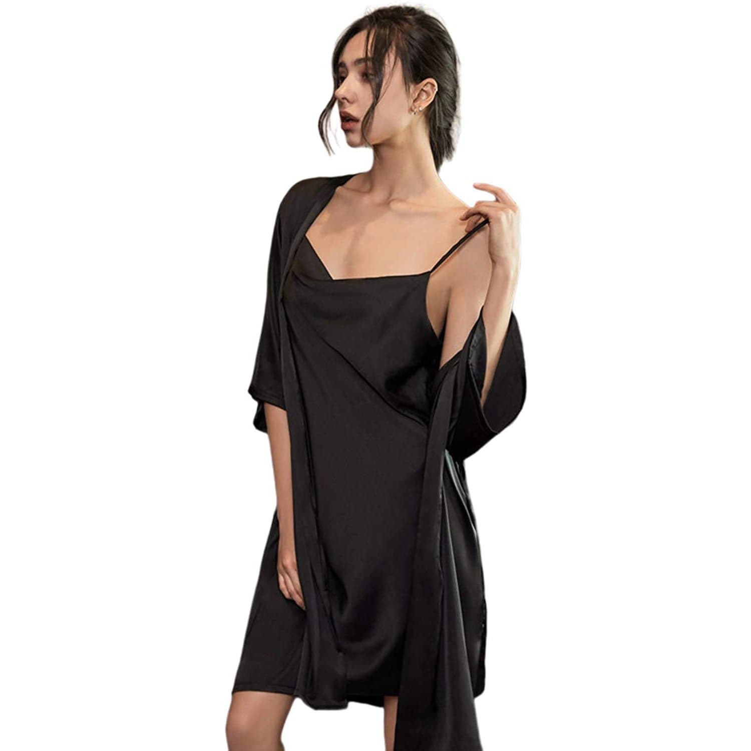 Womens Cowl Neck Silk Slip Dress Silk Robe Silk Two Piece Set Green Silk Dress Black XS