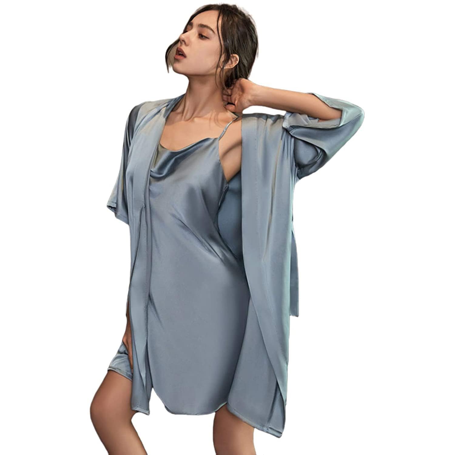 Womens Cowl Neck Silk Slip Dress Silk Robe Silk Two Piece Set Green Silk Dress Gray XS