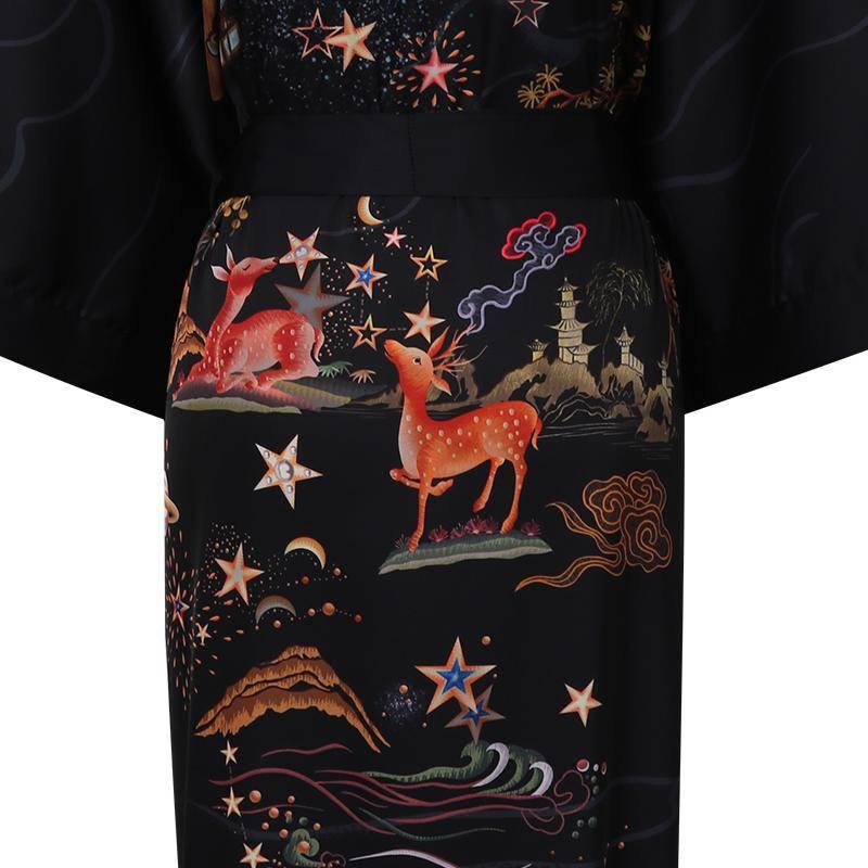 Women's Deer Prints Silk Kimono Robes Stars Silk Bathrobe