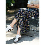 Womens Black Silk Maxi Skirt Floral Print Long Silk Dress