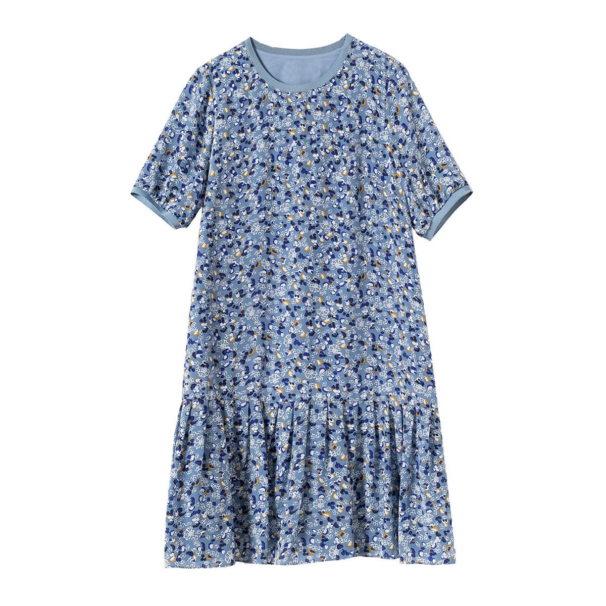 Womens Blue Floral Print Silk Mini Dress Ruffle Hem Short Silk Dress