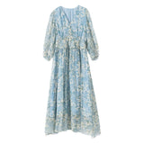 Womens Blue Floral Silk Midi Dress Button Front Long Silk Dress