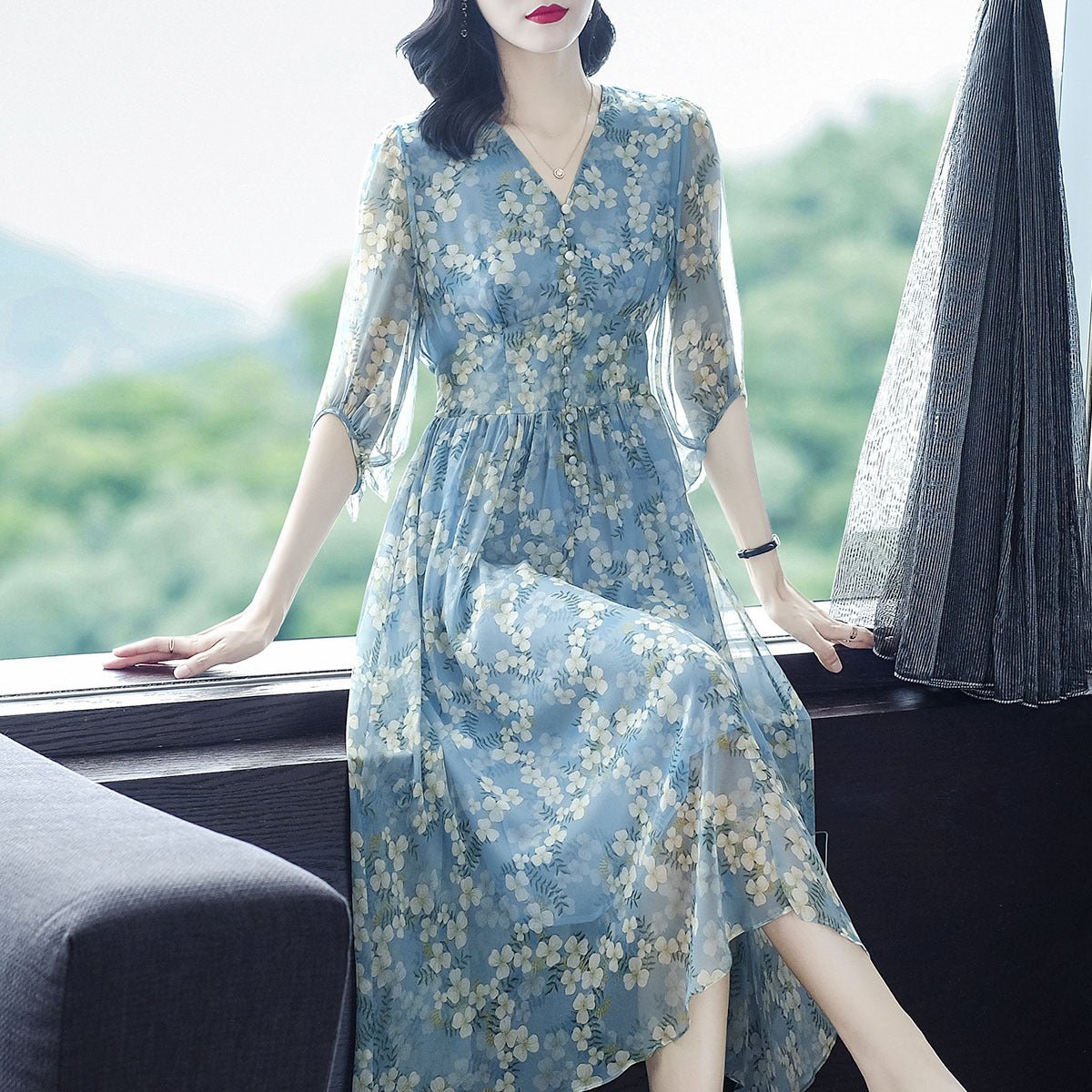 Womens Blue Floral Silk Midi Dress Button Front Long Silk Dress