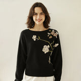 Womens Boat Neck Cashmere Sweater Embroidery Flowers Cashmere Pullover Black S