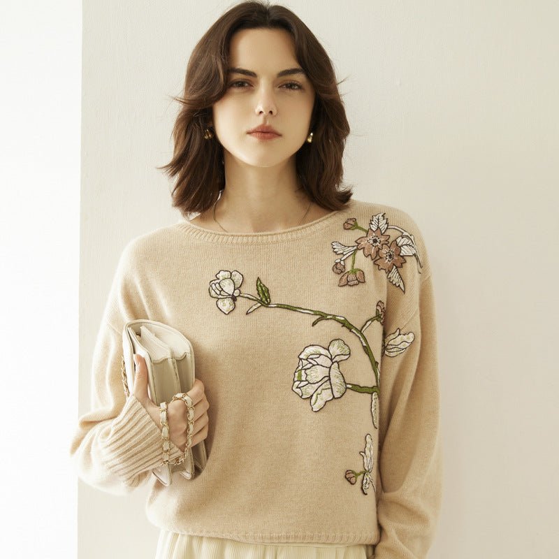 Womens Boat Neck Cashmere Sweater Embroidery Flowers Cashmere Pullover Beige S