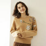Womens Boat Neck Cashmere Sweater Embroidery Flowers Cashmere Pullover Camel S
