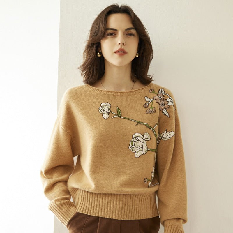 Womens Boat Neck Cashmere Sweater Embroidery Flowers Cashmere Pullover Camel S