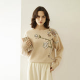 Womens Boat Neck Cashmere Sweater Embroidery Flowers Cashmere Pullover Beige S
