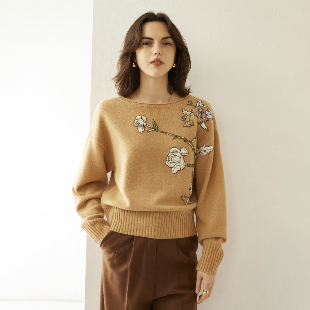 Womens Boat Neck Cashmere Sweater Embroidery Flowers Cashmere Pullover Camel S