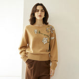 Womens Boat Neck Cashmere Sweater Embroidery Flowers Cashmere Pullover Camel S