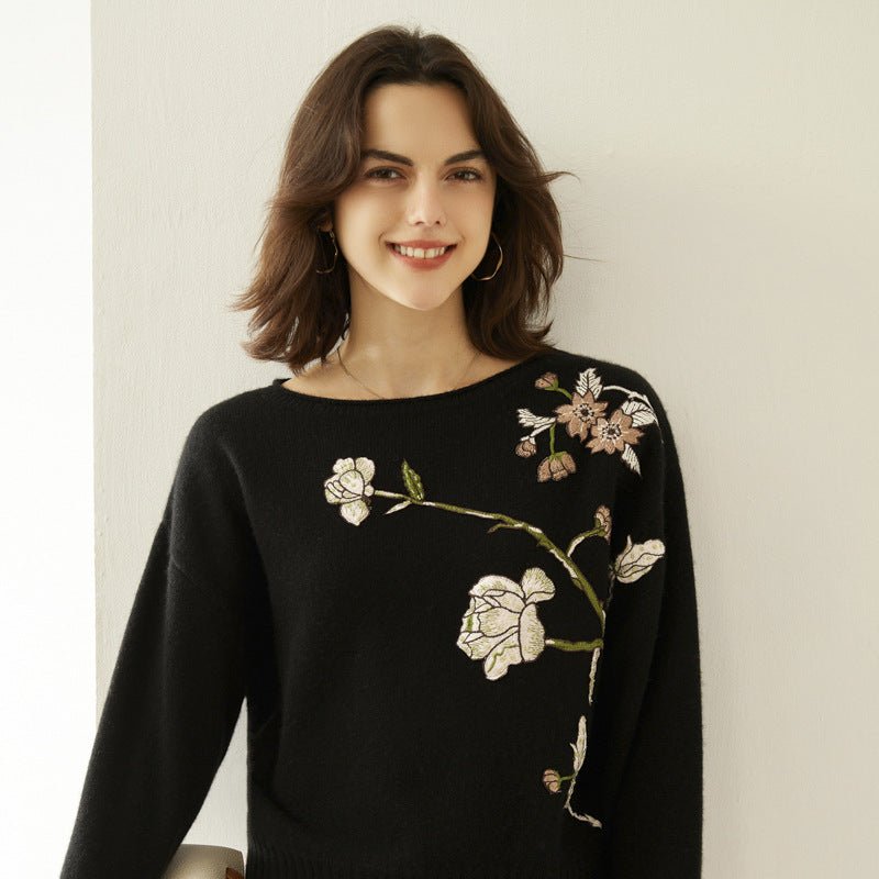 Womens Boat Neck Cashmere Sweater Embroidery Flowers Cashmere Pullover Black S