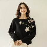 Womens Boat Neck Cashmere Sweater Embroidery Flowers Cashmere Pullover Black S