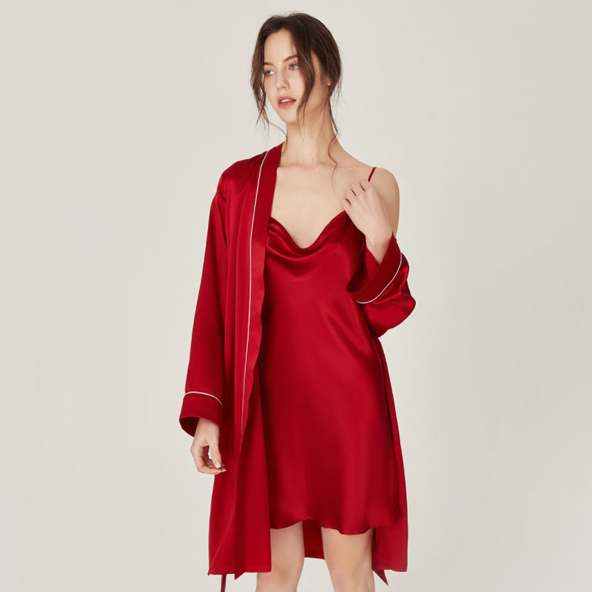 Womens Silk Nightgown And Robe Set Cowl Neck Pure Silk Sleepwear