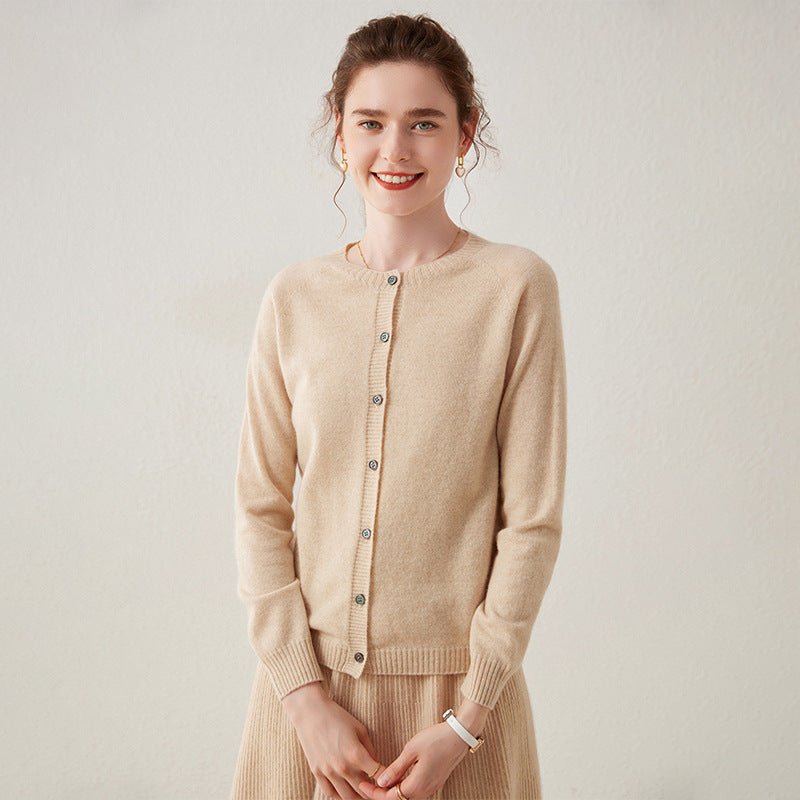Womens Button Down Cashmere Cardigan Round Neck Long Sleeve Cashmere Sweater Beige XS